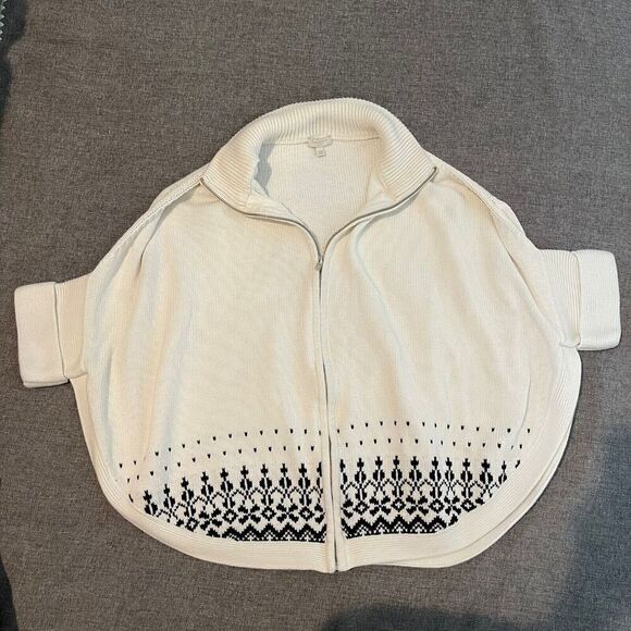 Talbots Poncho Sweater Womens MIvory Full Zip Knit Cotton Geomteric nordic style - Picture 6 of 10